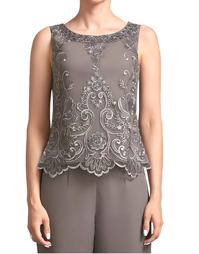 CSYPJYT 3 Pieces Mother of The Bride Pant Suits Chiffon Lace 3/4 Sleeve Pant Set Wedding Guest Outfits with Jacket3