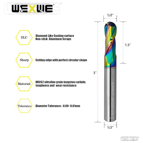 Image of Tools Extra Long Ball Nose Carbide End Mill, DLC Coating, CNC Cutting Tools for Aluminum and Wood Cutting, 3D Carving & Engraving. 2 Flute Router Bits,1 /2 Shank (1 /2-3 inch 1pcs