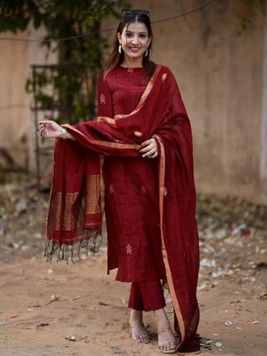 Image of GoSriKi Viscose Printed Straight Kurta with Pant and Dupatta for Women | Viscose Cream | 3 /4 Sleeve | High Neck | Ethnic Wear Casual Wear