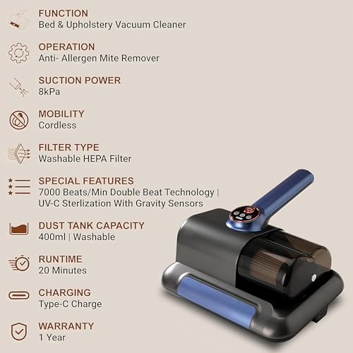 Image of OLV UV-Powered Portable Vacuum Cleaner for Bed & Sofa | Handheld Dust Mite Remover with UV Sterilization, 10kPa Suction | Rechargeable Type-C, Lightweight, Anti-Allergen Mattress Vacuum