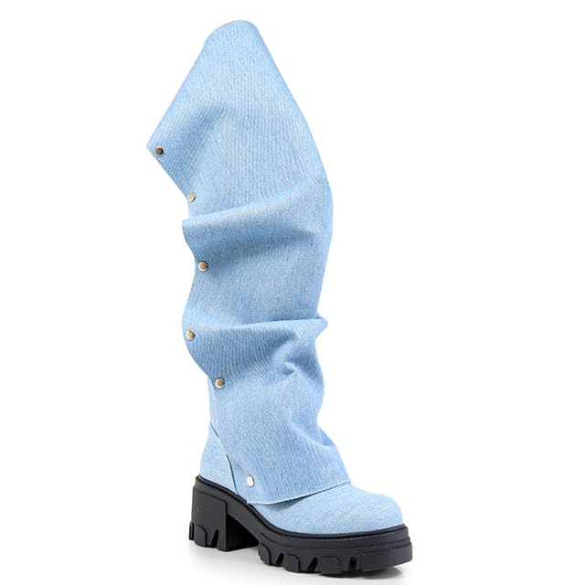 Liliana Womens Faux Leather Snap Front Drape Panel With back Full Zipper Knee High Chunky Heel Platform Boot