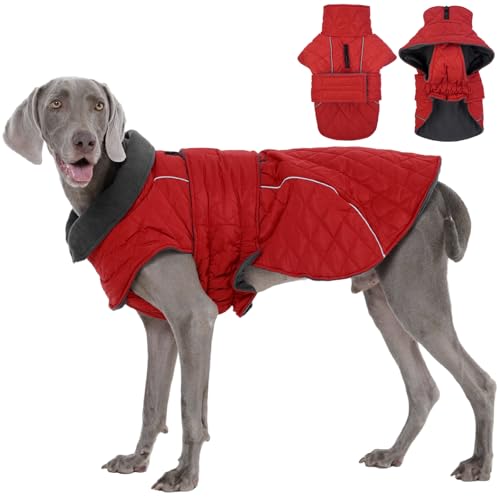 Kuoser Hundemantel Wasserdich Winterjacke für Große Hunde, Warmer Hunde Mantel mit Fleece, Reißverschluss-Leinenöffnung, 2XL Rot