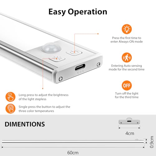 Image of 60cm Ultra Thin Under Cabinet Lights, 106 LED 5000mAh Motion Sensor Lights Indoor, 3 Color Stepless Dimming Rechargeable LED Lights for Cupboard, Kitchen