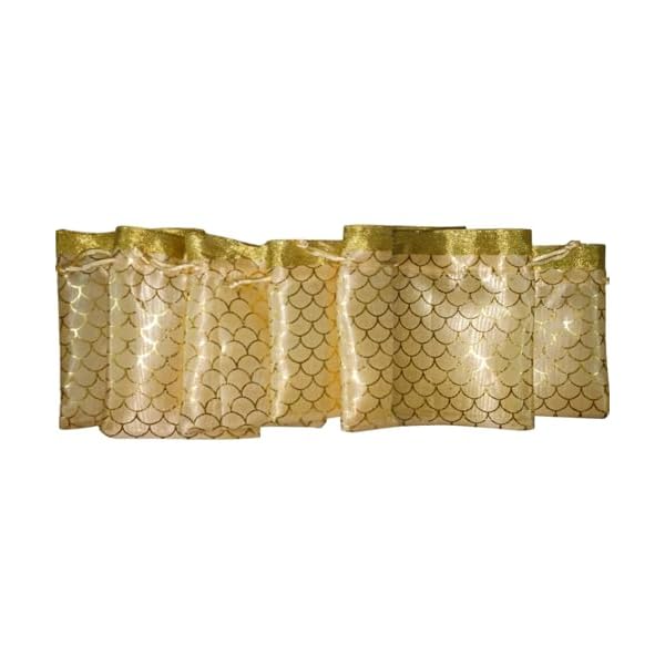 BERRYCRAVE Organza 'SCALES' Potli Bags for Return Gifts - for Ladies wedding Drawstring SMALL Size Wedding Gift Jewellery Ring Shagun Coins - CREAM - 5.25 X 4.0 INCHES (SET OF 7) - Image 5