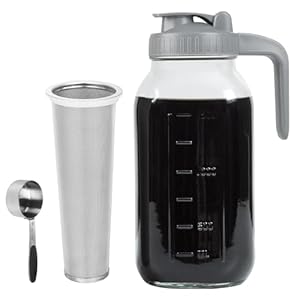 Cold Brew Coffee Maker Pitcher, 64 OZ Heavy Duty Glass Wide Mouth Mason Jar Pour Spout Airtight Lid with Stainless Steel Infuser Filter for Iced Coffee, Ice Tea, Brewed Making
