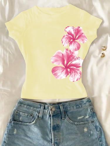 Image of RoseSeek Girl's Floral Graphic Crop Tops Tees Short Sleeve Crewneck Cute Slim Fit T Shirt Summer Tops