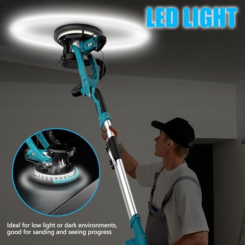 Image of Drywall Sander, 1250W 11.5-Amp Electric Drywall Sander with Vacuum, Popcorn Ceiling Removal Tool with Variable Speed 800-1800RPM, Foldable & Extendable Handle, LED Light, 18pcs Sanding Discs