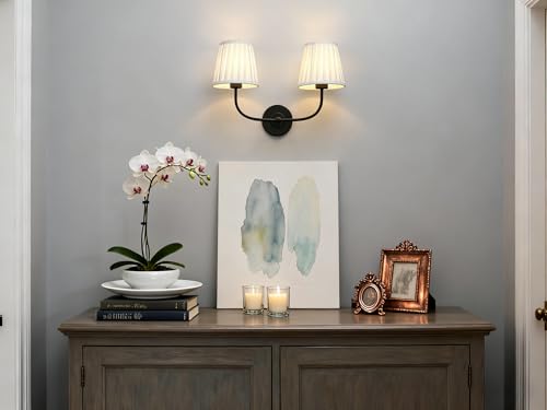Image of Yosoan 2-Light Indoor Brass Wall Sconce, Gold Modern Hardwired Vanity Classic E26 Base Light Fixture with Soft Pleated White Fabric Shade for Bathroom Bedroom Hallway Home Indoor Decor(Black)