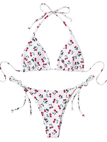 SOLY HUX Women's Bikini Sets Cherry Print Halter Triangle Tie Side Bathing Suits 2 Piece Swimsuit