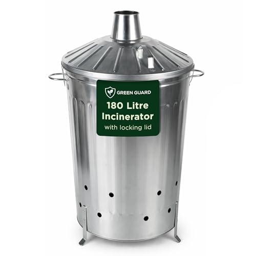 Green Guard 180L Large Galvanised Metal Garden Incinerator Bin - Heavy-Duty Burning Bin w/Locking Lid - Fire Bin for Garden Rubbish Waste Paper & Leaves Outdoor Wood Burner Recycle Garden Rubbish