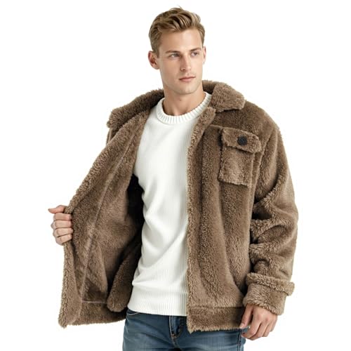 Image of GINGTTO Mens Furry Button-Up Jacket 4 Pockets Fluffy Coat For Men