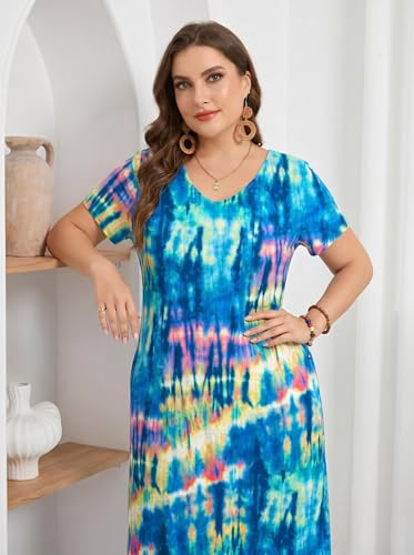 Image of Women's Plus Size Maxi Dresses V Neck Casual Short Sleeve Loose Pocket Slits Long Dress XL-5XL
