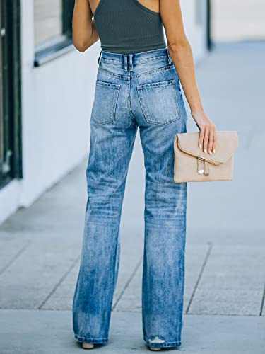 Women High Waisted Ripped Flare Jeans Mid Rise Washed Stretchy Denim Trousers Wide Leg3