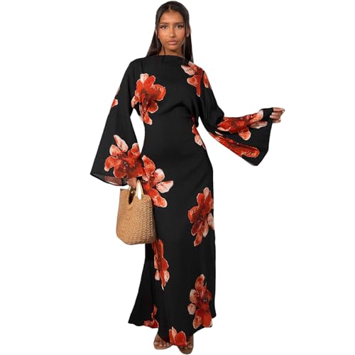 Muslim Clothes For Women Ramadan Dress For Women Eid Butterfly Abaya Bell Sleeve Loose Fit Maxi Dress Traditional Arabic Robe Kaftan Middle East Outfits Embroidered Prayer Dresses Black Red S