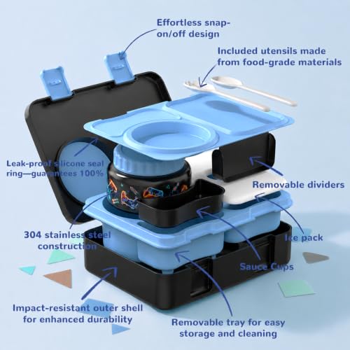 Image of Bento Box for Kids, Leakproof Kids Lunch Box with 8.5OZ Thermo Food Jar & Lunch Bag, 3-4 Compartments Toddler Insulated Lunch Box for Boys, BPA Free Lunch Containers for School Daycare