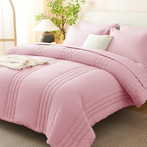 Image of CozyLux King Size Comforter Set Pink - 7 Pieces Bed in a Bag, Modern Vertical Quilted Room Decor, Soft All-Season Bedding Gift with Comforter, Sheets, Pillowcases & Shams