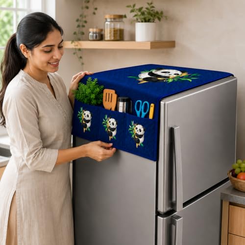 Image of Refrigerator Top Cover for Single Door & Double Door 165-225 Litre | Washable, Anti-Slip Protective Velvet Fabric Fridge Top Cover with 6 Storage Pockets, Extra Storage Space 101 x 55 cm