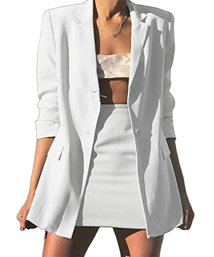 Womens 2 Piece Outfits Casual Solid Long Sleeve Lapel Blazer and Skirt Set Business Skirt Suits White