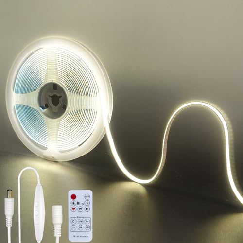 Image of 12V DC COB LED Strip Lights with Remote Dimmable Switch (No Power Supply),16.4FT /5M,Natural White 4000K,320LEDs /M,8mm Width,Not Waterproof IP20,for DIY Home Indoor Decoration