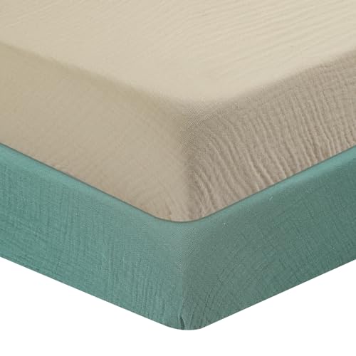 Image of Muslin Cotton Crib Sheets 2 Pack - 100% Cotton, Soft & Breathable - Standard & Toddler Sizes (28x52 Inch) - Unisex, Bohemian Style