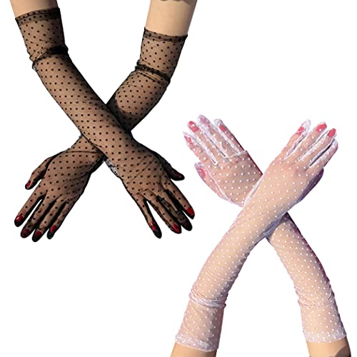 Rayson Guantes Largos para Mujer Satén Tul Malla Satinados Guantes Longitud de Noche Coqueteando Guantes de Juego Roles(Negro-Lunares) Cover