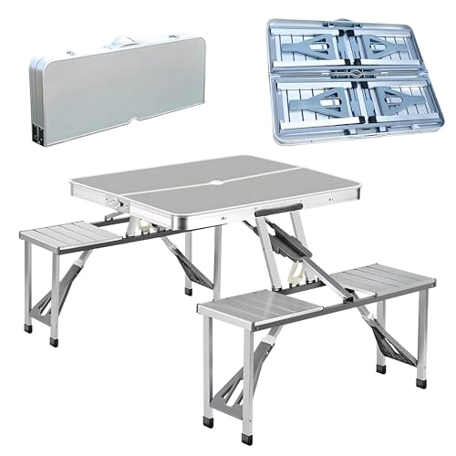 Valle Verde Campingtisch-Set mit Stühlen, Klappbänke, Falttisch - Aluminium - Klappbar, Wetterfest - Ideal für Ausflüge, Grills & Picknicks - Mit Schirmloch & Tragekoffer - 137 x 82 x 67 cm Valle Verde Campingtisch-Set mit Stühlen, Klappbänke, Falttisch - Aluminium - Klappbar, Wetterfest - Ideal für Ausflüge, Grills & Picknicks - Mit Schirmloch & Tragekoffer - 137 x 82 x 67 cm