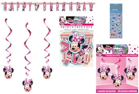 Disney Minnie Mouse Birthday Party Supplies Decoration Bundle includes 1 Happy Birthday Banner, 3 Hanging Swirl Decorations, 1 Dinosaur Sticker Sheet image 4