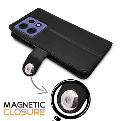 Image of Pikkme Moto Edge 50 Pro 5G Flip Cover Leather Finish | Inside TPU with Card Pockets | Wallet Stand and Shock Proof | Complete Protection Button Flip Case (Black)