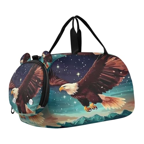 Travel Duffle Bag for Kids Boys Girls Bald Eagle Mountain Galaxy Sports Bag Overnighter Duffle Sleepover Weekender with Shoes Compartment