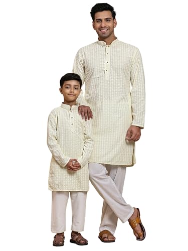 Image of Pro-Ethic Style Developer Men Silk Striped Father Son Matching Ethnic Wear Embroidery Mirror Work Kurta Pyjama Set |(Combo)B-117