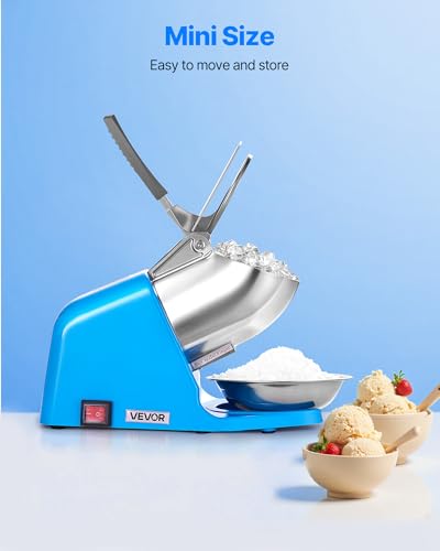 Image of VEVOR Ice Crusher Machine, 286lbs Per Hour Electric 4 Blades Snow Cone Maker, Stainless Steel Shaved Ice Machine with Bowl and Cover, 300W 2000RPM Ice-Shaver for Home and Commercial Use, Blue