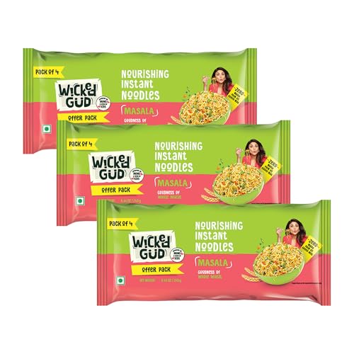 Image of Wickedgud Whole Wheat Masala Noodles 240g (Pack of 4) x 3 | No Maida | No Palm Oil | Source of Protein