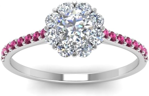 Image of Choose Your Gemstone Flower Halo Diamond CZ Ring 925 Sterling Silver Round Shape Halo Engagement Rings Everyday Jewelry Wedding Jewelry Handmade Gifts for Wife US Size 4 to 12