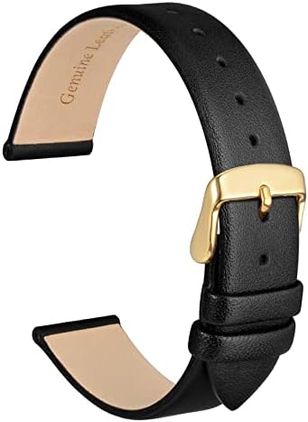 WOCCI 12mm Lug Width, Elegant Watch Band, Genuine Leather Replacement Strap with Gold Buckle (Black)