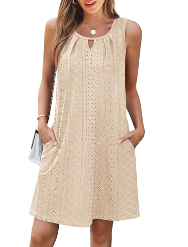 Image of RUMIA Swimsuit Coverup for Women Summer Sleeveless Beach Dress | Crew Neck, Pockets, Eyelet, Boho, Above knee Length, A-Line. Everyday wear, Sundresses, Cruise Wear, Vacation essential