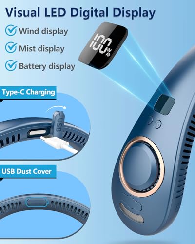 Image of Personal Neck Fans Mister with Water Spray, 4000mAh 4-9H Lasting, Mini Foldable Leafless AC for Neck Face Shoulder, LED Cordless Hanging Wearable Headphone Fan for Kid Adult Worker Hot Weather, Blue
