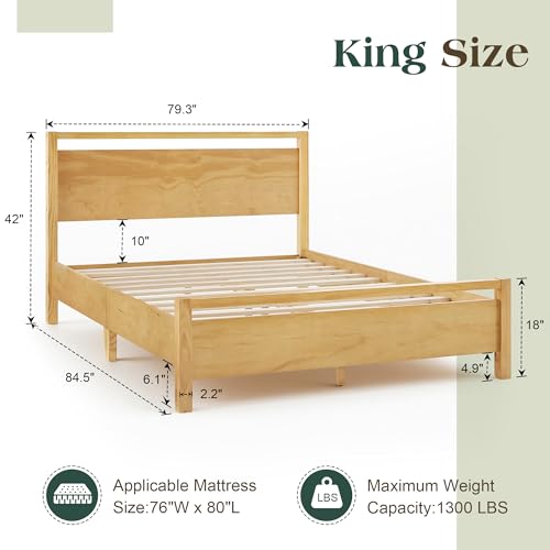 Image of AMERLIFE King Size Solid Wood Bed Frame with Headboard, Minimalist Platform Bed with Wooden Slats Support /No Box Spring Needed /Easy Assembly, Natural