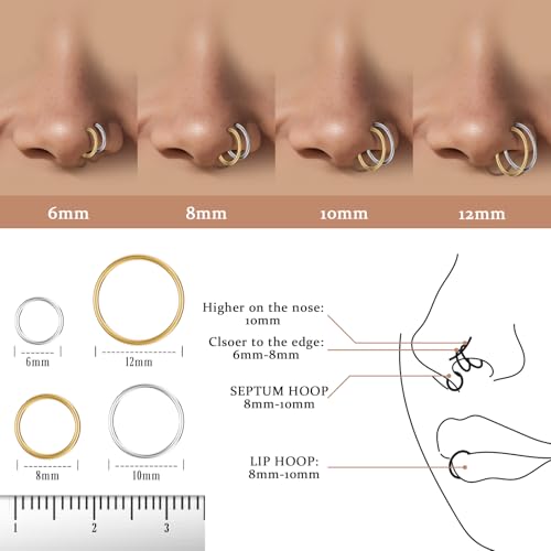 Hypoallergenic Nose Rings Hoops Set for Women Men: 8Pcs 18G Gold/Silver 316L Surgical Stainless Steel Nose Hoops Hinged Clicker Septum Rings for Nose Cartilage Body Piercing Jewelry 6mm 8mm 10mm 12mm2