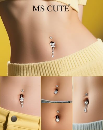 5PCS Belly Button Rings for Women 14G Dangle Navel Piercing Jewelry Set Surgical Stainless Steel Body Jewelry with CZ Butterfly Flower Teardrop Barbell for Beach Festival Daily2