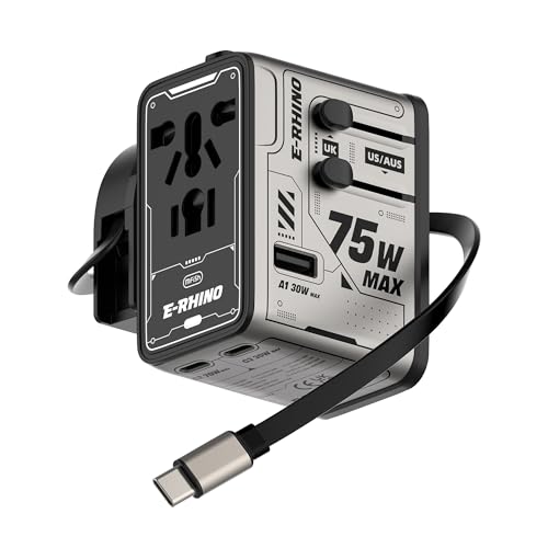 Image of MFish 75W Universal Travel Adapter, 5-Port International Power Adapter with Retractable USB-C Cable, 3 USB-C & 1 USB-A + AC Outlet, Worldwide Wall Charger for MacBook, iPhone, iPad, EU /UK /US /AUS, Grey