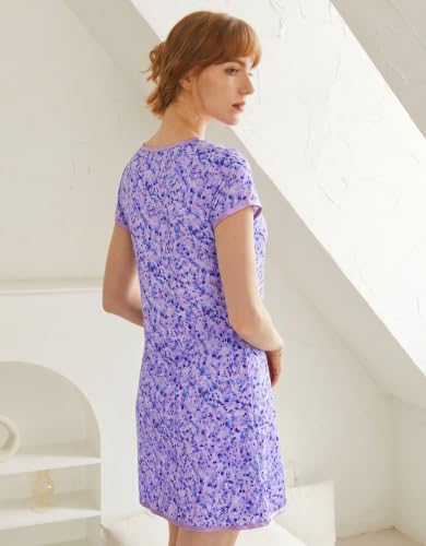 Image of Ekouaer Womens Nightgown Sleep Shirt Dress Satin Patchwork Short Sleeve Sleepwear with Pocket