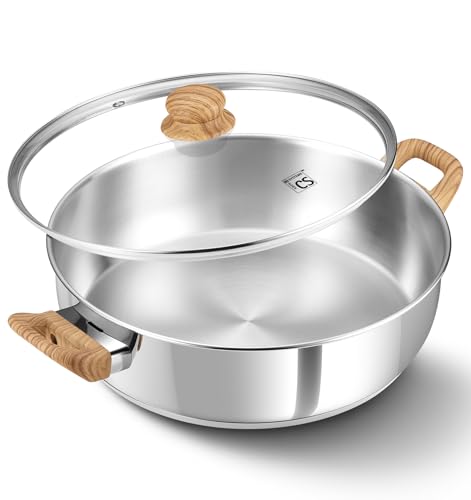 Image of KOCH SYSTEME CS Stainless Steel Saute Pan with Lid, 12 Inch Deep Frying Pan with Double Handles, 5.5 Quart 18/10 Stainless Steel Pan with Cool-Touch Bakelite Handle, Deep Frying Pan, Induction Ready