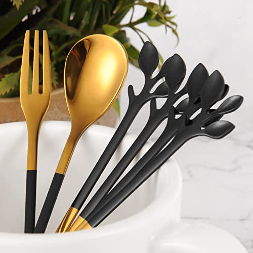 Ansaw 8-Pieces Small Coffee Spoons And 8-Pieces Desserts Forks, 4.7-Inch Stainless Steel With Leaf Handle (Black & Gold) #TOP2