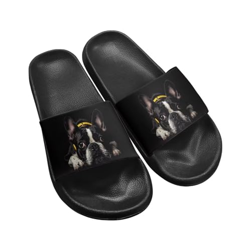 Jeiento Open Toe Slide Sandals for Women Men Non Slip Flat Bathroom Shower Shoes Soft Couple Home Shoes Dog Pattern