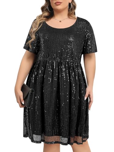Wenrine H9H236HS2L Women'S Sequin Plus Size Mini Dress Short Sleeve Scoop Neck Pleated A Line Cocktail Party Dresses Black thumb #4
