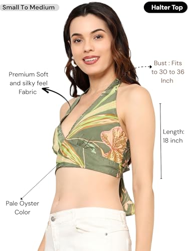 Image of KE KANHA EXPORTS Halter Neck Wrap Top|top for Women|Backless Tops for Women|Halter Neck Tops|Adjustable wrap Waist|Boho Beach Border Print|Easily fits S-M|Bust30-36Inch|LengthUpTo 18Inch