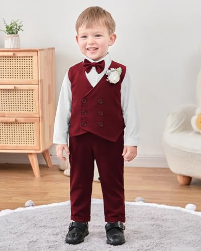 Image of YALLET Toddler Baby Boy Clothes Suit Gentleman Wedding Outfits, Formal Dress Shirt+Bowtie+Vest+Boutonniere+Suspender Pants