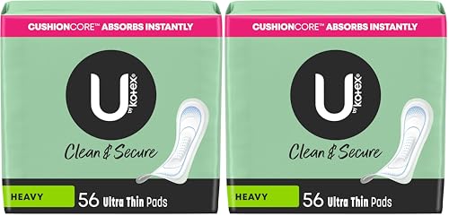 U by Kotex Clean & Secure Ultra Thin Pads, Heavy Absorbency, 56 Count (Packaging May Vary) (Pack of 2)