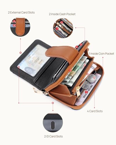 Small Bifold Genuine Leather Wallet for Women RFID Blocking with Zipper Coin Pocket (Black Brown) 5
