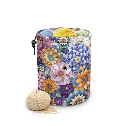 Image of Sellikakes Crochet Organizer Yarn Holder, Bohemian Flowers Portable Knitting Bag Crochet Storage Bag Store Crocheting Supplies Needles Skein Balls Sewing Accessories